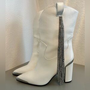 Daniel X Diamond Stagecoach White Leather Cowboy Boots w/ Rhinestone Fringe
